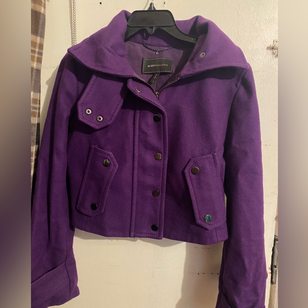 BCBG MAX AZRIA Purple Short Wool Coat with Hood